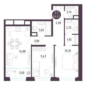 2-к квартира, вторичка, 57м2, 4/10 этаж