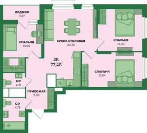 3-к квартира, вторичка, 77м2, 21/25 этаж