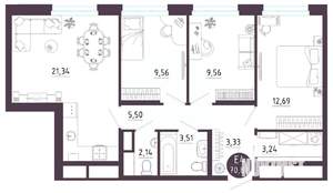 3-к квартира, вторичка, 71м2, 3/10 этаж