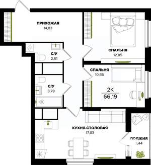 3-к квартира, строящийся дом, 66м2, 13/25 этаж