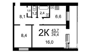 2-к квартира, вторичка, 43м2, 7/12 этаж