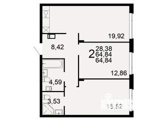 2-к квартира, строящийся дом, 65м2, 1/9 этаж