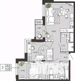 2-к квартира, вторичка, 82м2, 17/21 этаж