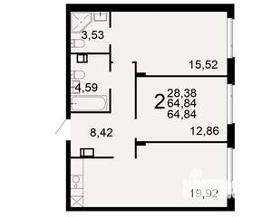 2-к квартира, строящийся дом, 65м2, 2/9 этаж
