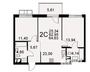 2-к квартира, вторичка, 65м2, 5/11 этаж