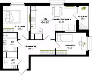 2-к квартира, вторичка, 65м2, 6/25 этаж