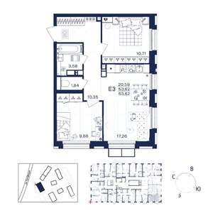 2-к квартира, строящийся дом, 54м2, 11/15 этаж