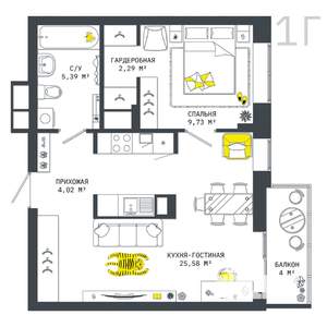 1-к квартира, вторичка, 51м2, 13/25 этаж