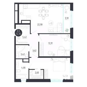 2-к квартира, строящийся дом, 75м2, 3/8 этаж