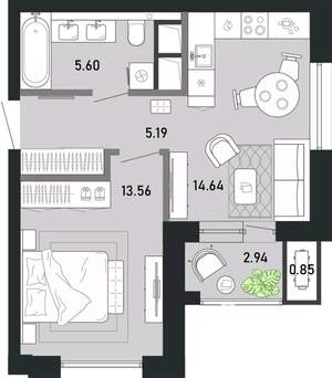 1-к квартира, строящийся дом, 43м2, 19/21 этаж