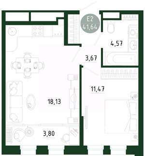 1-к квартира, строящийся дом, 42м2, 2/25 этаж