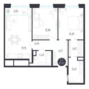 2-к квартира, строящийся дом, 70м2, 2/8 этаж