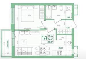 1-к квартира, вторичка, 46м2, 1/25 этаж