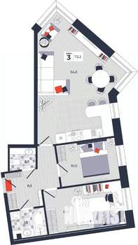 3-к квартира, строящийся дом, 72м2, 13/14 этаж