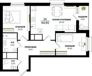 2-к квартира, строящийся дом, 65м2, 18/25 этаж