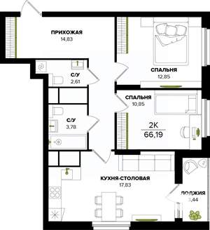 2-к квартира, вторичка, 66м2, 3/25 этаж