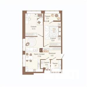2-к квартира, строящийся дом, 57м2, 1/14 этаж