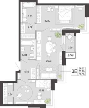 2-к квартира, вторичка, 87м2, 3/21 этаж