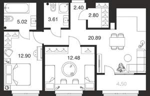 2-к квартира, вторичка, 65м2, 2/25 этаж