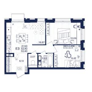 2-к квартира, строящийся дом, 52м2, 12/15 этаж