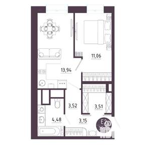 1-к квартира, строящийся дом, 40м2, 9/10 этаж