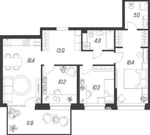 3-к квартира, строящийся дом, 86м2, 1/24 этаж