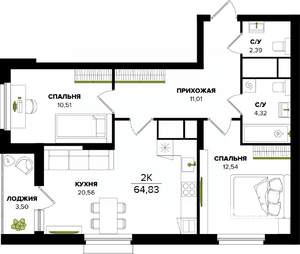 2-к квартира, вторичка, 65м2, 18/25 этаж