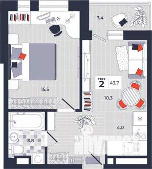 2-к квартира, строящийся дом, 44м2, 10/14 этаж