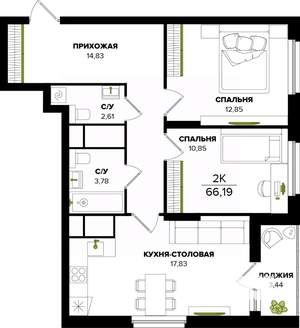 3-к квартира, строящийся дом, 66м2, 6/25 этаж