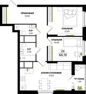 2-к квартира, вторичка, 66м2, 21/25 этаж