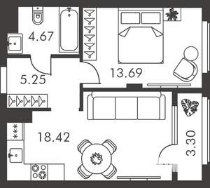 1-к квартира, строящийся дом, 45м2, 2/9 этаж