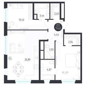 2-к квартира, строящийся дом, 76м2, 6/8 этаж