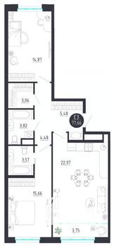 2-к квартира, строящийся дом, 78м2, 7/8 этаж
