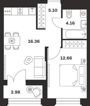 1-к квартира, вторичка, 41м2, 6/15 этаж