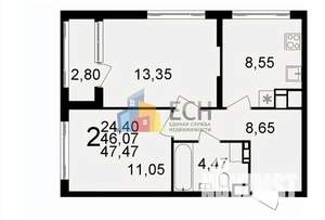 2-к квартира, вторичка, 47м2, 8/20 этаж