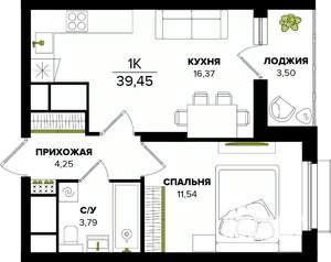1-к квартира, строящийся дом, 39м2, 22/25 этаж