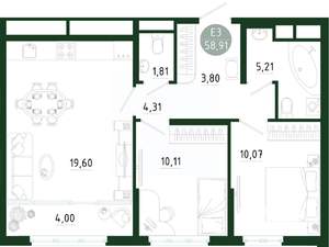 2-к квартира, строящийся дом, 59м2, 22/25 этаж