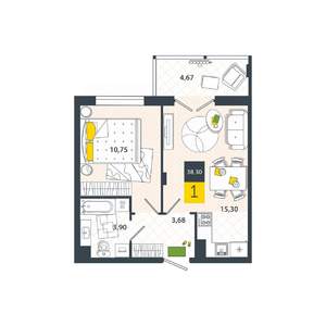 1-к квартира, вторичка, 38м2, 1/8 этаж