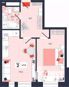 2-к квартира, строящийся дом, 44м2, 5/14 этаж