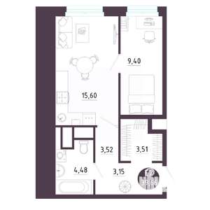 1-к квартира, вторичка, 40м2, 7/10 этаж