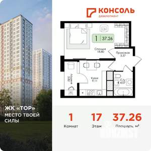 1-к квартира, вторичка, 37м2, 17/25 этаж
