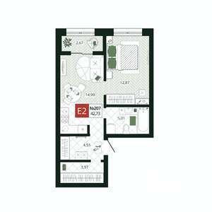 1-к квартира, строящийся дом, 43м2, 2/19 этаж