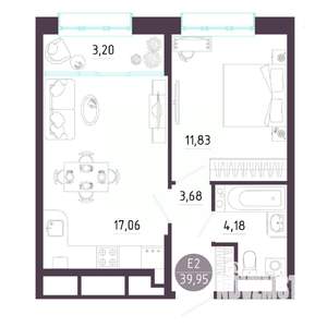 1-к квартира, строящийся дом, 40м2, 2/10 этаж