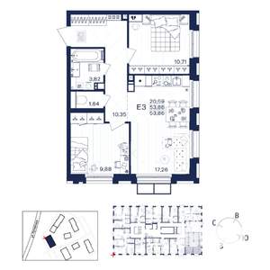 2-к квартира, строящийся дом, 54м2, 4/15 этаж