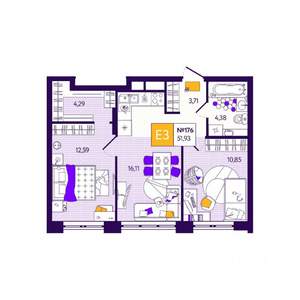 2-к квартира, вторичка, 52м2, 1/12 этаж