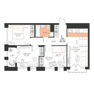 3-к квартира, строящийся дом, 62м2, 2/5 этаж