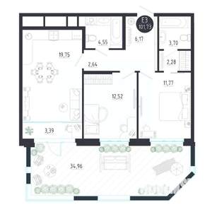 2-к квартира, строящийся дом, 102м2, 1/8 этаж