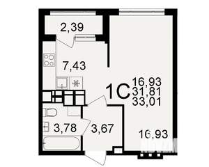1-к квартира, строящийся дом, 32м2, 16/20 этаж