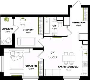 2-к квартира, вторичка, 56м2, 4/25 этаж