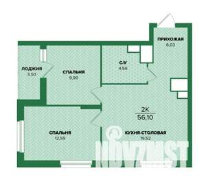2-к квартира, строящийся дом, 56м2, 2/25 этаж